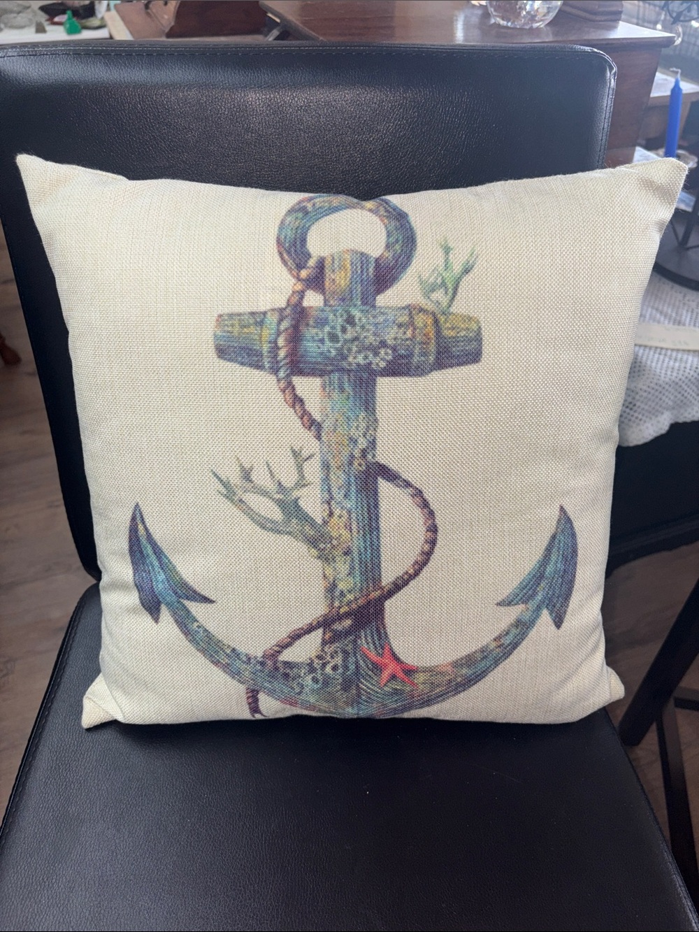 Nautical Anchor Decorative Throw Pillow - Cream/Blue
